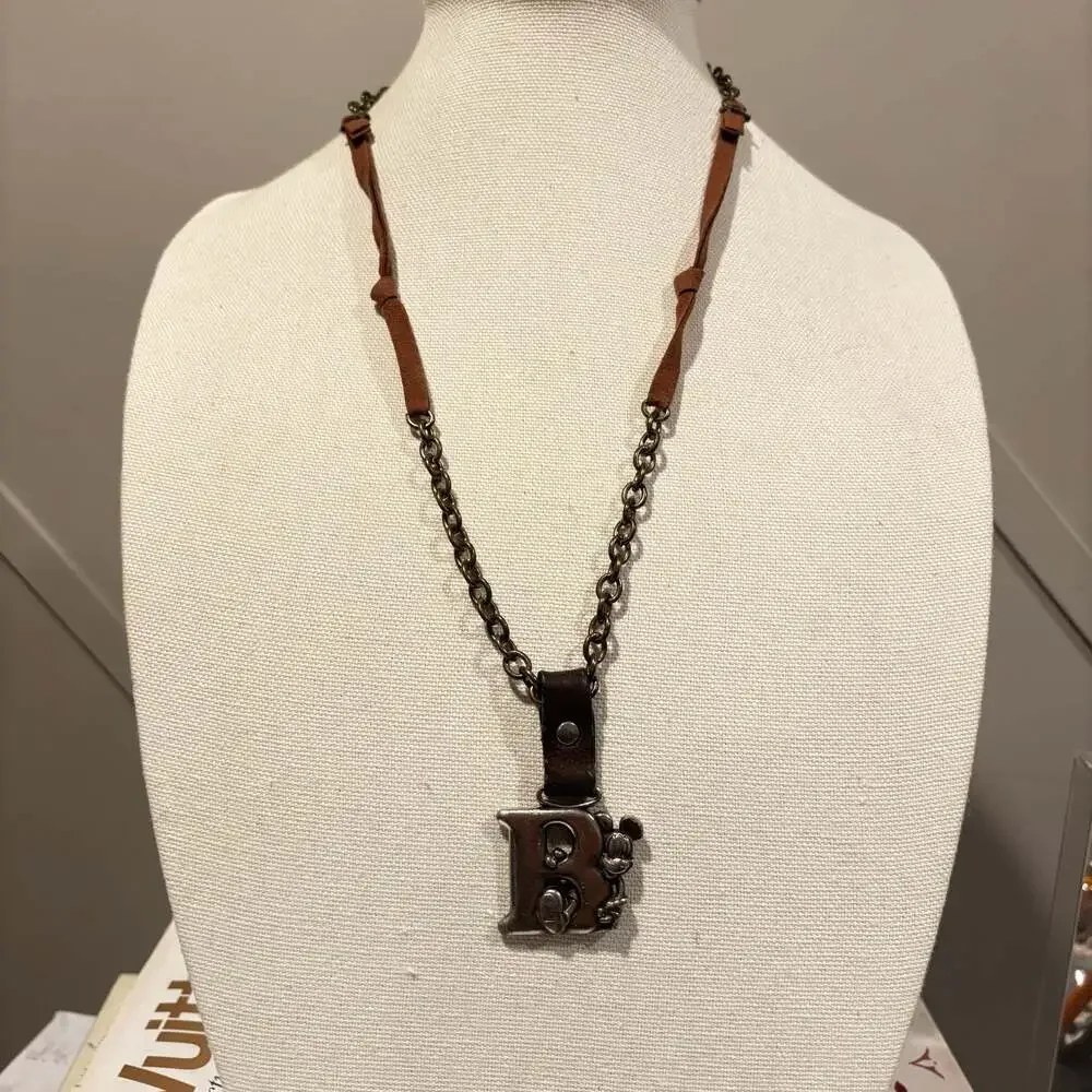 Disney Mickey Mouse Letter B Pendant Charm Necklace Leather and Chain Lanyard